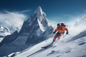 Fotobehang a man riding skis down a snow covered slope © Bendix