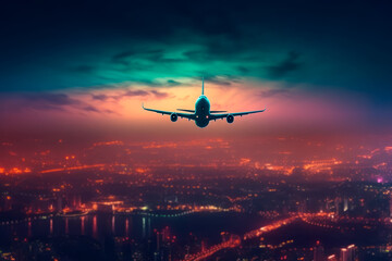 Ilustración de avión sobrevolando la ciudad en el atardecer. Vista panorámica de ciudad con avión volando en el cielo.