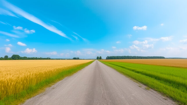 Camino de tierra en medio del campo. Campo de trigo con carretera de tierra.
