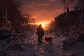 a person walking in the snow with a dog