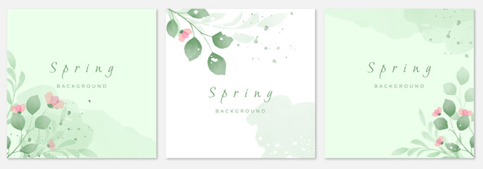 Collection of green abstract trendy square templates in minimalist style with watercolor elements and space for text. Vector illustrations for social media posts and stories, invitations, banners.