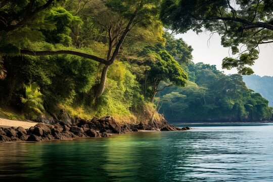 A forested island bay landscape with trees and blue water, in Principe, Sao Tome and Principe. Generative AI
