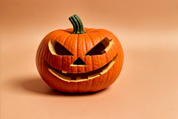 jack-o-lantern carved halloween pumpkin isolated on light orange background with copy space