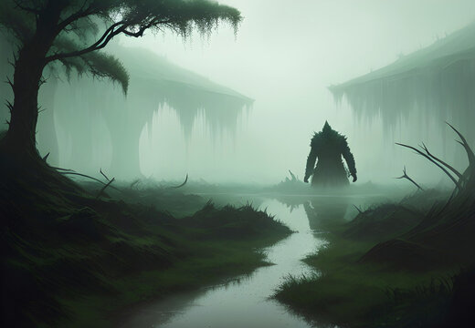 Swamp monster silhouette in armor walking down the swamp in dark green misty gloomy forest. Generative AI art illustration.