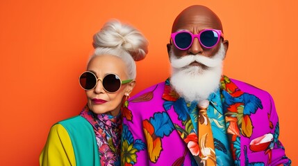 An old couple posing as models. Fashionable hipster fashion grandparents in elegant contemporary styling on vivid background, bright psychedelic colorful colors. 