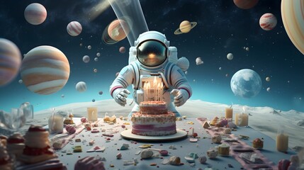 Birthday party with a colorful delicious cake and a little astronaut who won his birthday in space. Balloons, confetti and fun. 