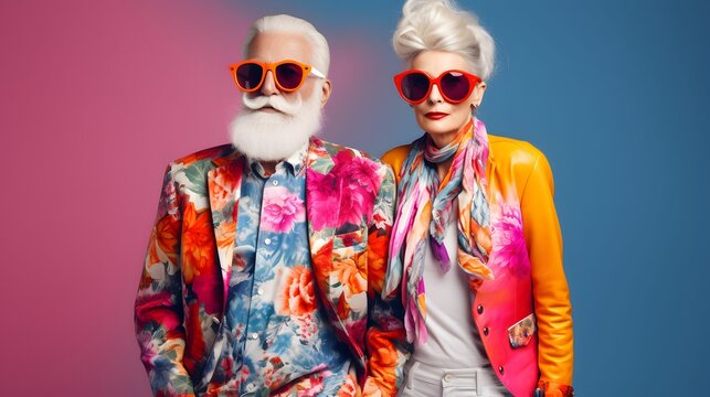 An old couple posing as models. Fashionable hipster fashion grandparents in elegant contemporary styling on vivid background, bright psychedelic colorful colors. 