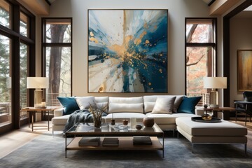 Contemporary living room with sleek, neutral furniture and abstract art