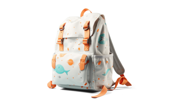 children's school backpack with a fun pattern, png file of isolated cutout object with shadow on transparent background.
