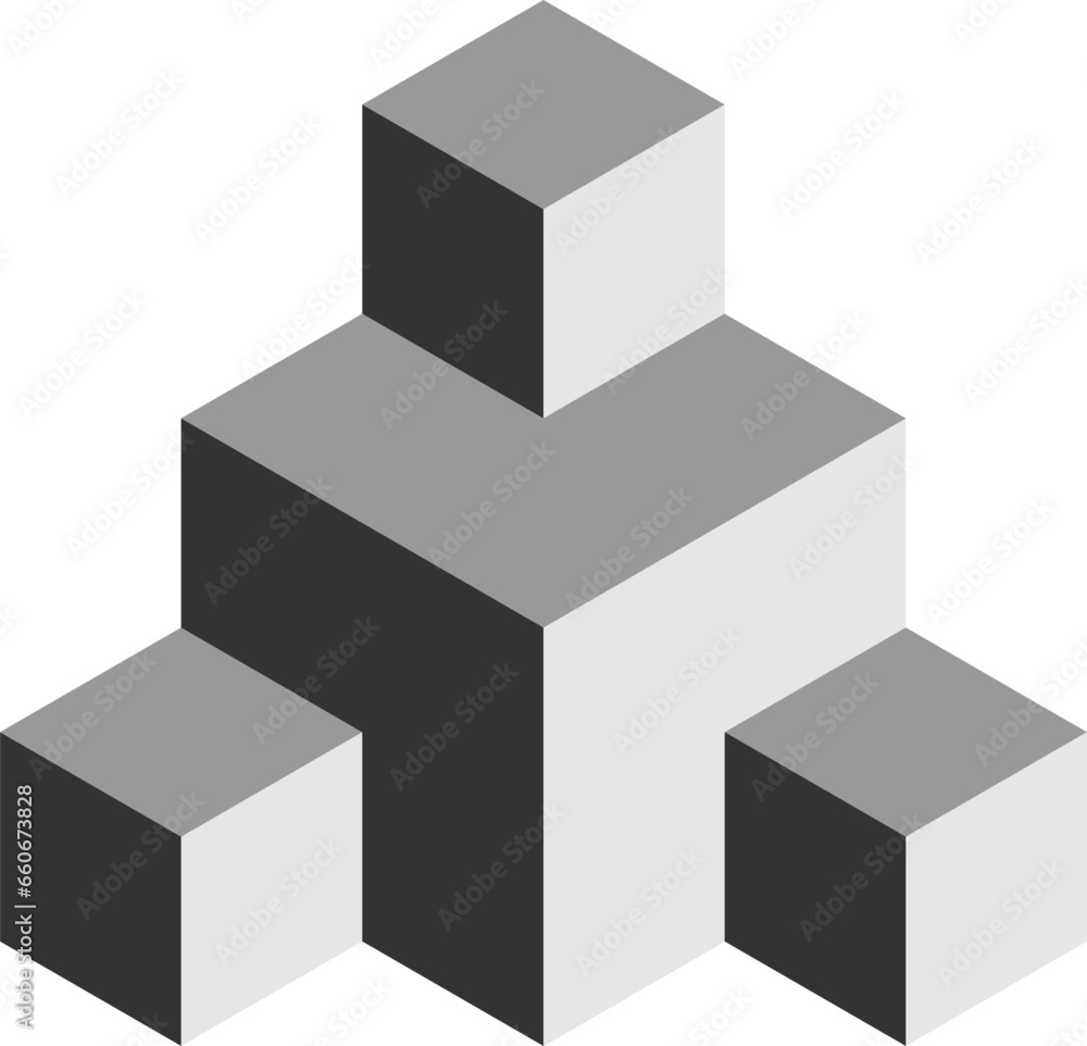 Poster basic geometrical arrangement with greyscale monochrome solid box cube icon in 3d perspective view. 