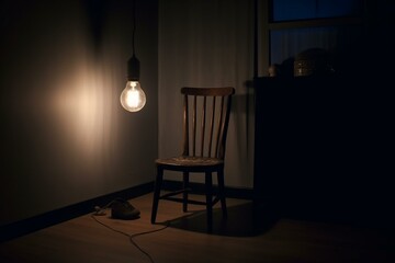 A chair and a light bulb hanging in a dim room. Generative AI