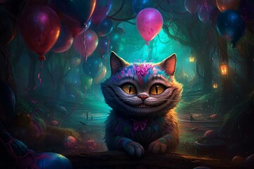 Cheshire cat enjoys New Year in magical Wonderland, gazes at vibrant balloons and mesmerizing fireworks. Generative AI