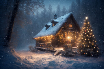 an old hut with christmas tree, decorated with lights for new year holiday, against the background of hard nature in winter, blizzard, dramatic sky and snowy forest, beautiful landscape - obrazy, fototapety, plakaty