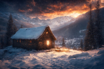 an old hut against the background of hard nature in winter, blizzard, dramatic sky and snowy mountains, forest, beautiful landscape