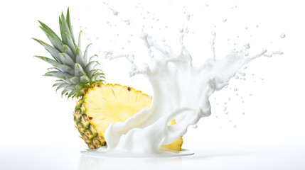 splash of milk with fresh pineapple against white background - obrazy, fototapety, plakaty