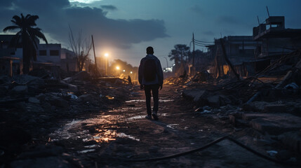 Fototapeta premium Strength in Adversity: Man Confronting Urban Tragedy after earthquake, Generative AI