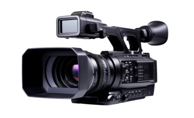 professional film camera, png file of isolated cutout object with shadow on transparent background.