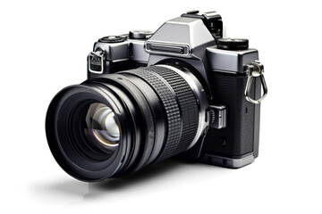 big professional modern photo camera, png file of isolated cutout object with shadow on transparent background.