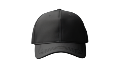 black baseball cap mockup front view, png file of isolated cutout object with shadow on transparent background.