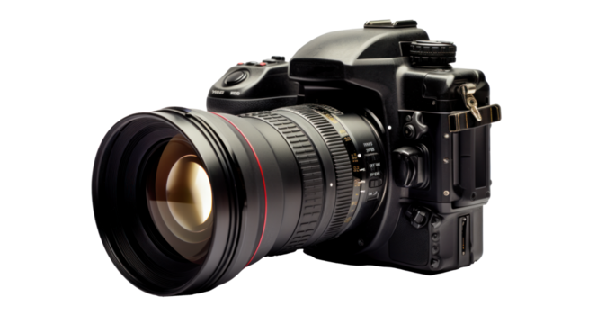 big professional modern photo camera, png file of isolated cutout object with shadow on transparent background.