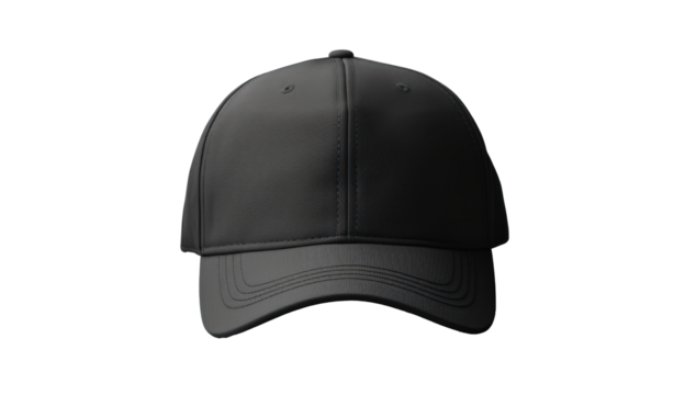 black baseball cap mockup front view, png file of isolated cutout object with shadow on transparent background.