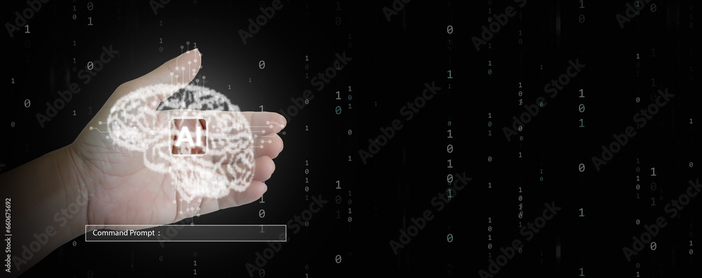 Poster ai technology. a hand holding glowing particles in the form of human brain and ai chip. chat with ai