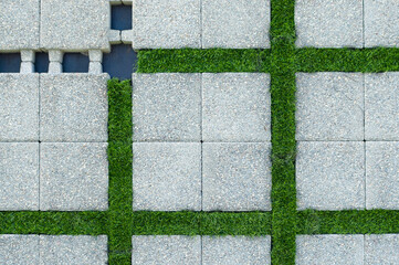decorative paving slabs with green grass stripes