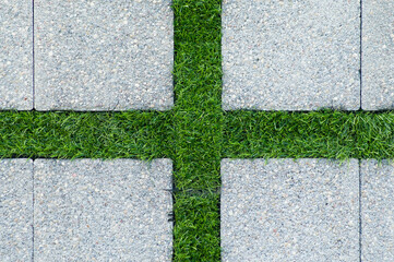 decorative paving slabs with green grass stripes