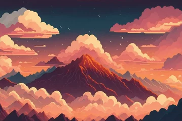 Türaufkleber A sunset with fluffy clouds with mountains, pastel and soft colors, flat vector art illustration background, Generative AI © Anna