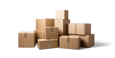 cardboard box warehouse mockup, png file of isolated cutout object with shadow on transparent background.