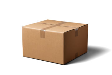 empty closed cardboard box mockup, png file of isolated cutout object with shadow on transparent background.