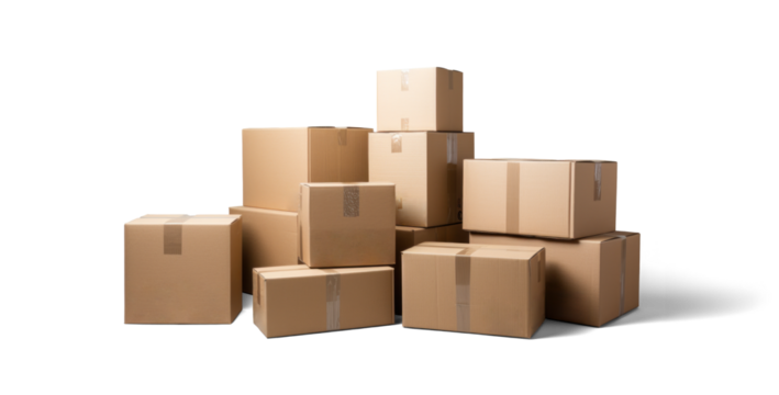 cardboard box warehouse mockup, png file of isolated cutout object with shadow on transparent background.
