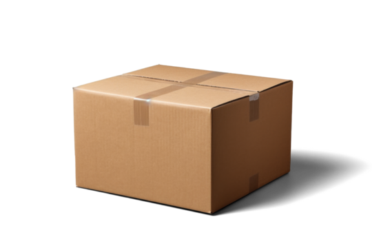 empty closed cardboard box mockup, png file of isolated cutout object with shadow on transparent background.