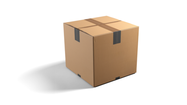 empty closed cardboard box mockup, png file of isolated cutout object with shadow on transparent background.