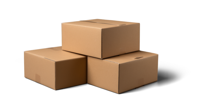 cardboard box warehouse mockup, png file of isolated cutout object with shadow on transparent background.