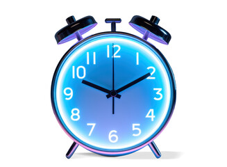 fashionable analog mechanical desktop alarm clock with blue neon light, png file of isolated cutout object with shadow on transparent background.