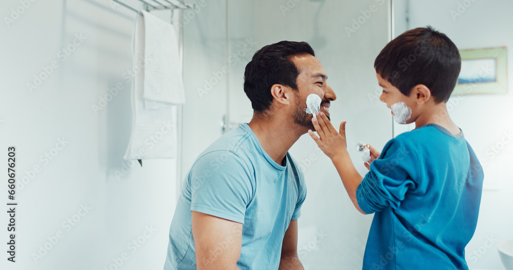 Sticker Father, child and learning with shaving cream or teaching a boy a skincare, morning beauty routine and grooming in the bathroom. Shave together, son and dad helping with foam, razor and skin care