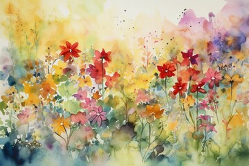 Obraz na płótnie Canvas Abstract watercolor painting of colorful flowers in a garden, depicting a vibrant landscape. Generative AI