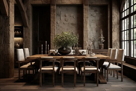 Rustic dining room interior design. Generative AI