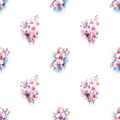 Watercolor seamless pattern with many orchid flowers on white background.