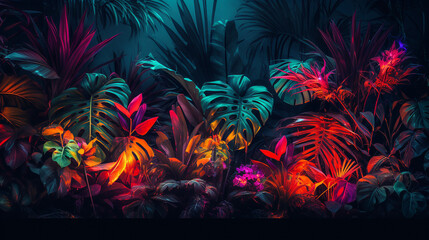 Neon tropical plants around edge of frame