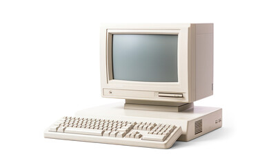 old computer with a beam monitor and a horizontal system unit, png file of isolated cutout object with shadow on transparent background.