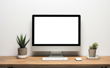 desktop computer screen mockup in office on table, png file of isolated cutout object with shadow on transparent background.