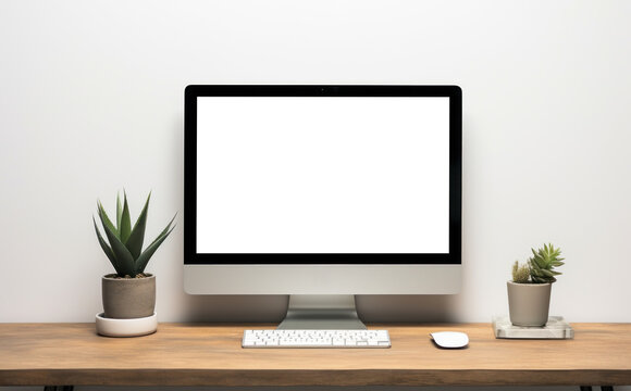 desktop computer screen mockup in office on table, png file of isolated cutout object with shadow on transparent background.