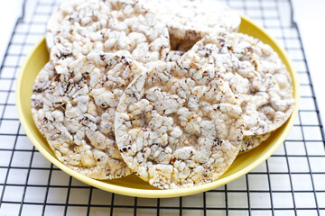 Round crispy rice crackers. Rice cakes
