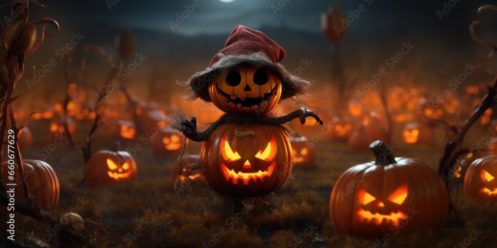 Poster a scare in a field of pumpkins with a full moon in the background. generative ai.
