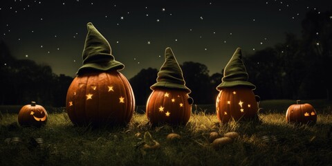 Fototapeta premium A group of mysterious pumpkins sitting on top of a grass-covered field. Generative AI.