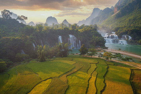 Aerial view of paddy fields by Ban Gioc waterfall, Dam Thuy Trung Khanh, Cao Bang, Vietnam