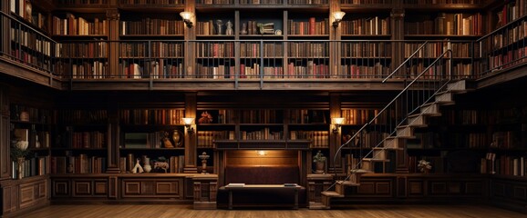 A home library lined with wooden shelves, with a vacant space above awaiting titles or messages. - Powered by Adobe