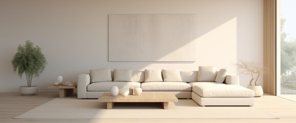 A minimalist living room with neutral tones and a vast white wall awaiting art or text.
